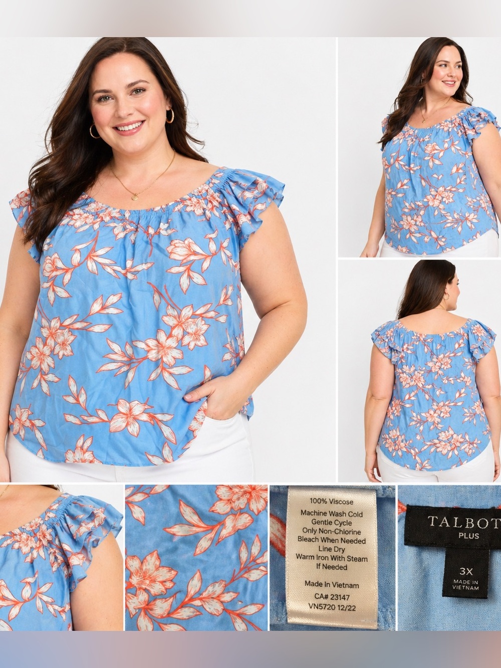 Talbots Plus 3X Blue‎ Floral Blouse Boho Lightweight Summer Top